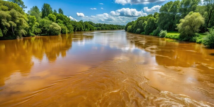 Muddy brown water in a river with murky visibility due to algae growth