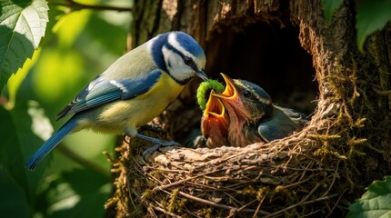 Fototapeta premium Blue tit bird feeds green to hungry chicks in nest. Small avian family lives in tree hollow with moss. Parent bird nurtures young nestlings during spring season in natural forest habitat. Wild nature