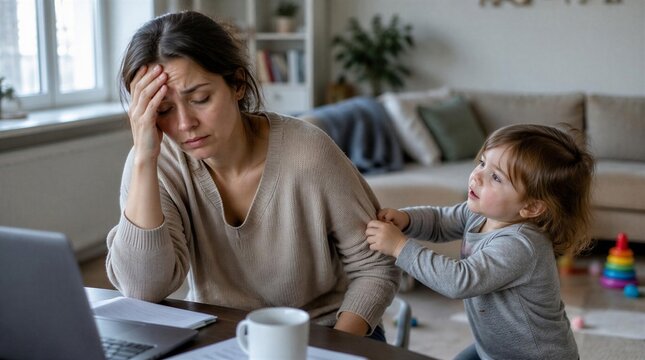 stressed mother working on laptop at home while her toddler child pulls her sleeve seeking attention, illustrating parental burnout and work life balance struggles