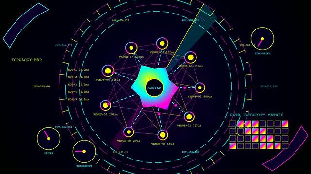 A digital algorithmic trading interface displays rotating circular data networks with connected nodes and glowing neon pulse vectors across a dark black computer display screen monitor