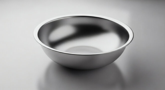 Stainless steel mixing bowl isolated on a neutral grey background representing modern kitchen equipment for professional culinary food preparation