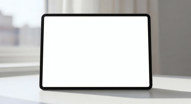 Tablet computer mockup with blank white screen standing on a clean white desk in a bright modern home office interior