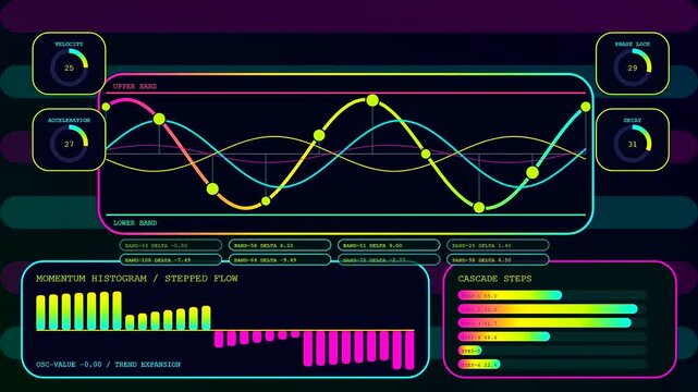 A vivid algorithmic trading interface displays pulsating neon waveform graphs and dynamic data charts shifting across a dark screen panel within this futuristic digital finance environment