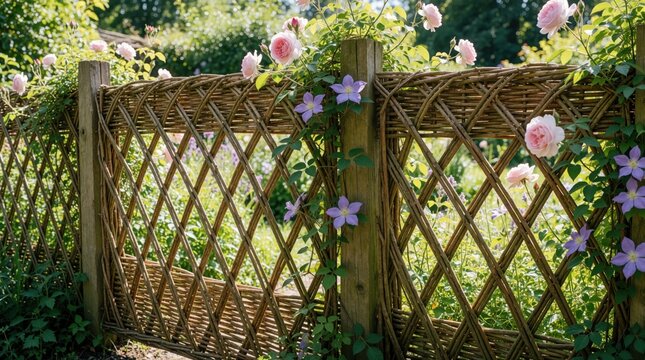 Rustic willow branch fence decorates green backyard garden. Pink roses, purple clematis flowers grow on wooden trellis structure. Natural wicker lattice provides privacy, aesthetic landscaping in