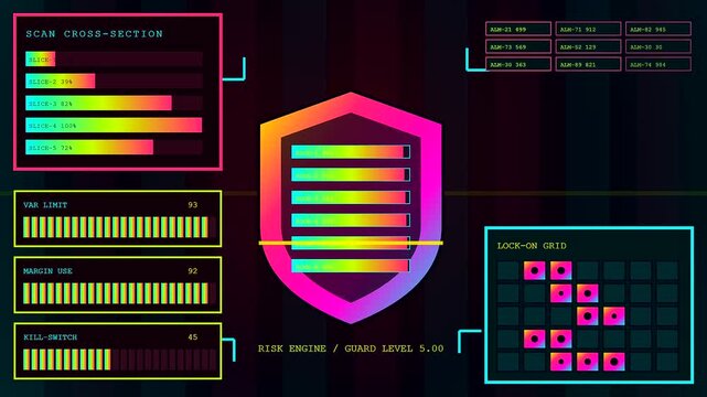 Digital displays showing algorithmic trading monitoring systems with gradient shields and glowing bars floating over a dark backdrop in this virtual interface data visualization footage