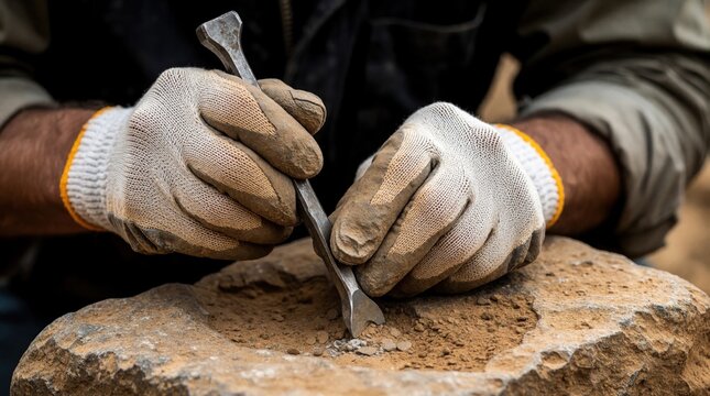 Archaeologist uses metal chisel to excavate ancient stone artifact at historic site. Close up of gloved hands working with hand tools in dirt. Professional researcher digs out relic from rock during