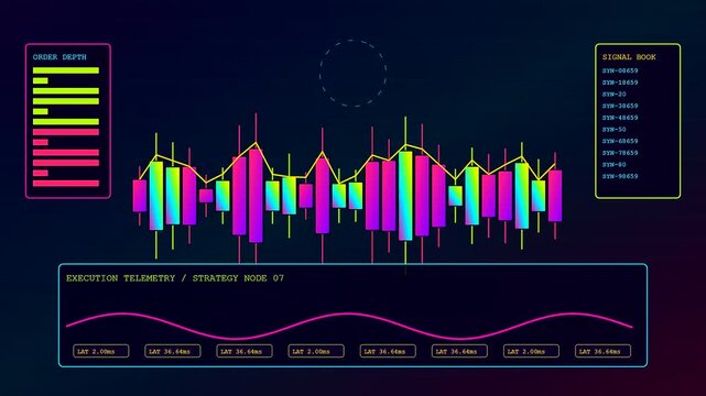 A digital algorithmic trading display showing fluctuating market data bars and neon glow interface lines moving across the screen in this dark cinematic motion graphic sequence