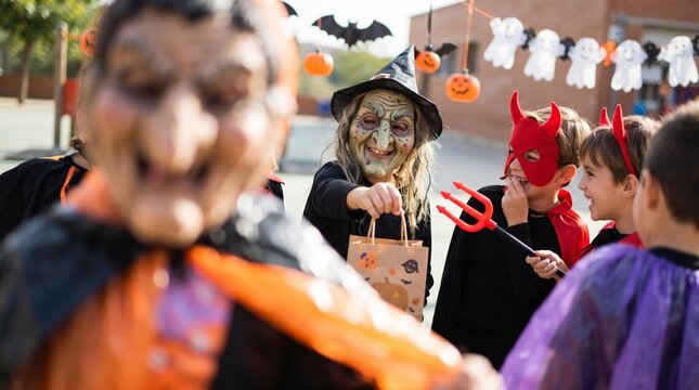 Teacher Disguised as Witch Giving Halloween Candy Bag to School Kids. School Halloween Party Concept Banner with Copy Space