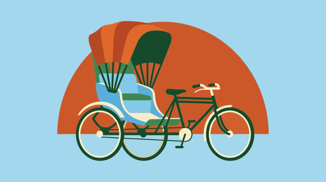 Flat design illustration of a traditional Asian bicycle rickshaw, also known as a pedicab, for sustainable urban transport and travel.