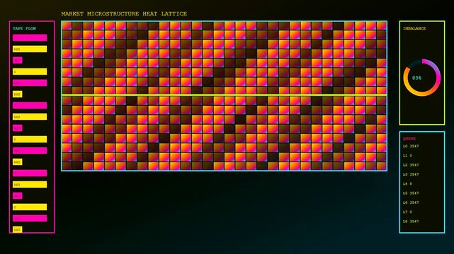 Dynamic algorithmic trading interface displaying fluctuating financial data patterns on a dark screen with glowing neon matrix grids and colorful digital charts for real time analysis