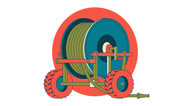 illustration of a mobile garden hose reel cart with wheels and hand crank on white background