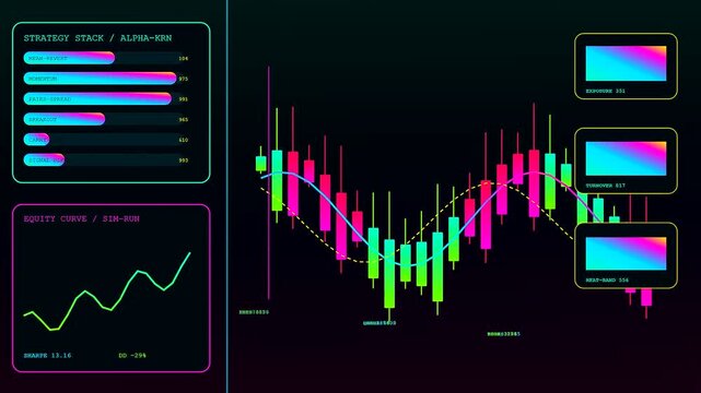 Algorithmic trading interface displaying dynamic candlestick charts with neon gradient data panels showing real time market fluctuations on a dark digital display monitor for finance analytics