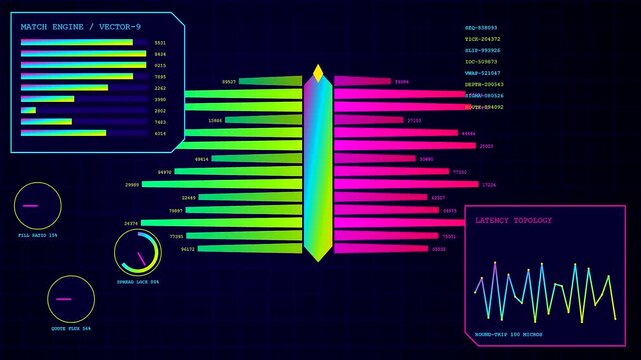 a colorful algorithmic trading display showing fluctuating digital market metrics and latency graphs on a dark grid interface during a session of rapid financial monitoring activity