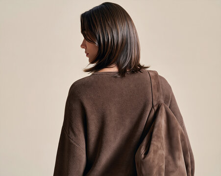 A stylish woman with shoulder-length brown hair is photographed from behind wearing an oversized brown knit sweater and carrying a soft suede shoulder bag against a neutral beige background.