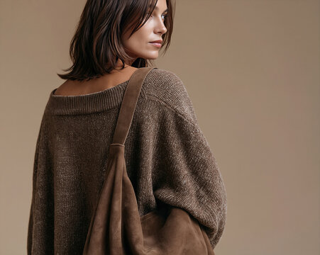 A stylish woman with shoulder-length brown hair is photographed from behind wearing an oversized textured brown knit sweater and carrying a soft suede shoulder bag.
