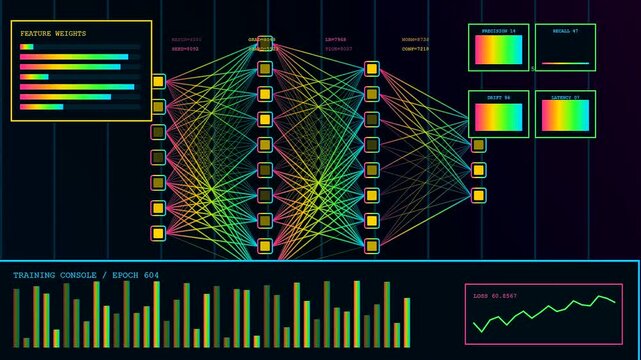 Three screens displaying algorithmic trading data interfaces with colorful neural network graphs and oscillating bar charts rendered in a dark digital space for data analysis