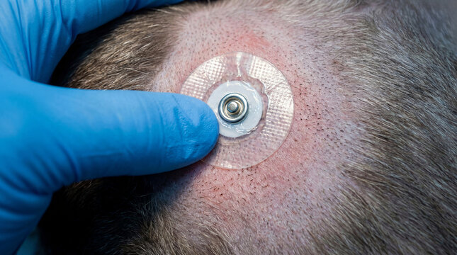 Veterinarian in blue gloves placing a medical electrode on a dog's shaved head for neurological monitoring and diagnostic testing in a clinical setting