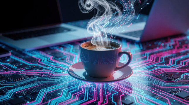 Steaming coffee cup sits on circuit board under laptop. Digital data flows from mug. Futuristic workspace with tech innovation. Smart beverage energizes work.