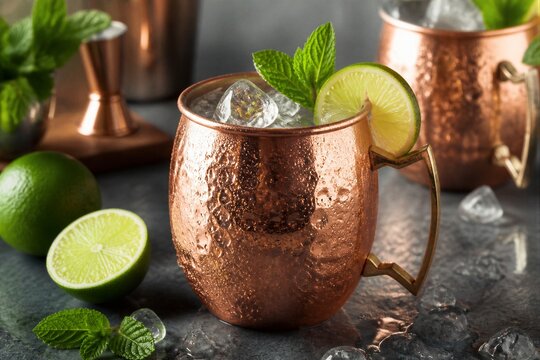 Copper mug cocktail with lime and mint on counter tabletop