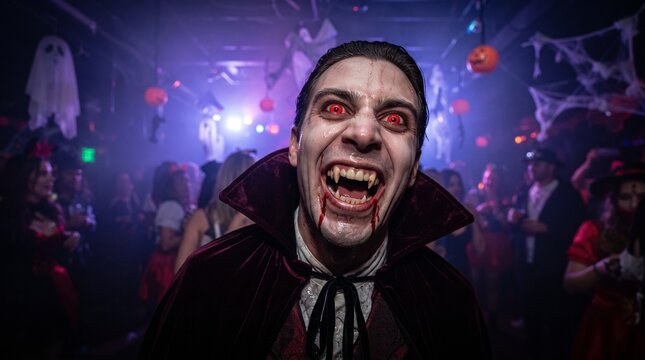 Man in Vampire Costume with Fangs and Red Eyes at Halloween Party. Halloween Horror Party and Vampire Dracula Costume Concept Banner with Copy Space