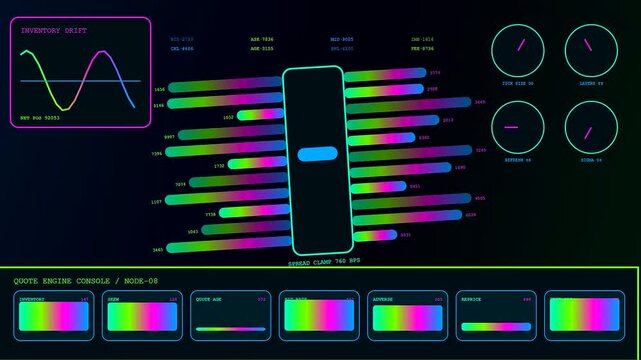 Data streaming algorithmic trading visuals appear on three interconnected digital display panels showing shifting frequency waves and fluctuating colorful horizontal bar graphs in a dark room