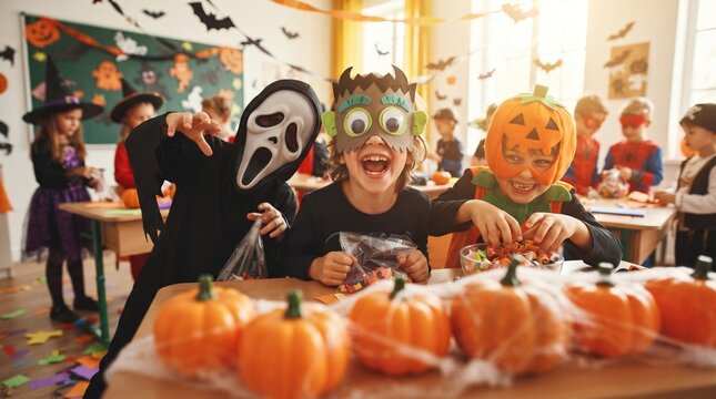 Happy Children in Halloween Costumes Celebrating and Playing in Classroom. Elementary School Halloween Celebration and Kids Costume Party Concept Banner with Copy Space