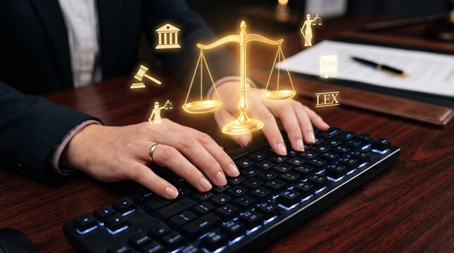 Lawyer using computer with legal icons and scales of justice