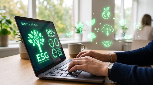 Person working on laptop showing ESG compliance dashboard with sustainability icons