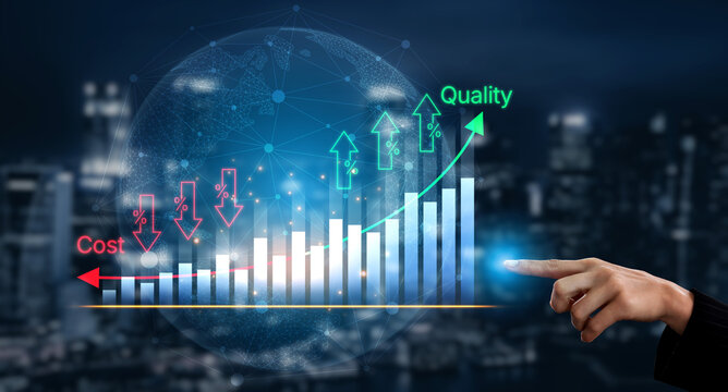 Business Growth and Development Concept with Bar Graph Displaying Trends in Cost and Quality in a Modern Urban Environment. Bitwise.