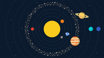 Flat design solar system illustration with sun, planets, asteroid belt, and stars on dark background © sugeng prayitno