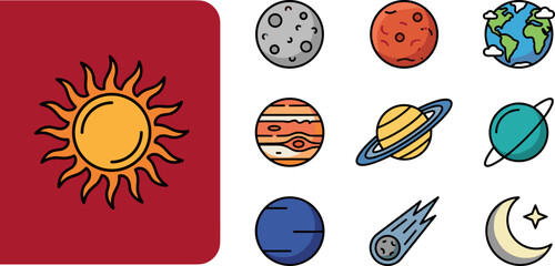 Flat design vector icons of solar system planets, sun, moon, and comet on white background © sugeng prayitno