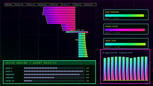 Data flow visualization showing algorithmic trading metrics with neon gradient bar charts flickering on a dark digital interface during complex financial market analysis for modern traders