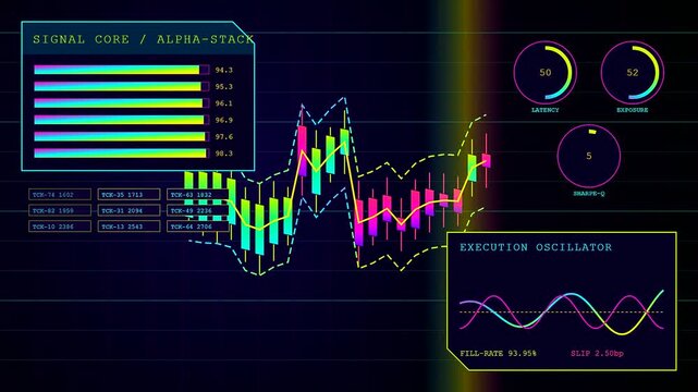 Algorithmic trading interface displaying complex financial candlestick patterns and neon wave oscillation charts on a dark digital screen to visualize real time market price volatility fluctuations