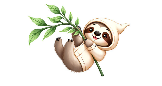 Cute cartoon sloth wearing a hoodie hanging from a green leaf branch on white background