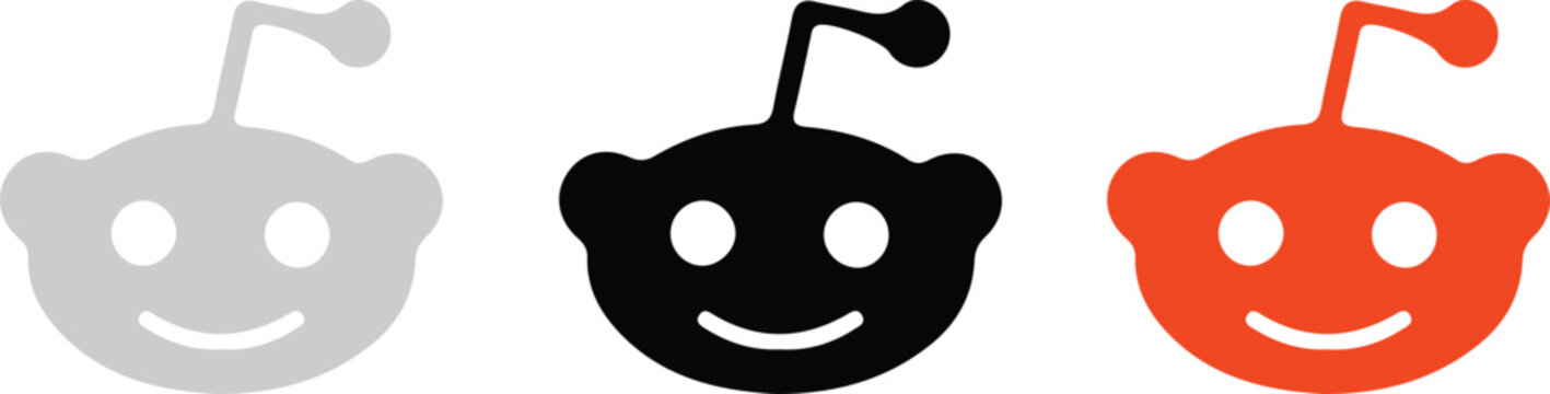 Reddit social media app logo vector set in gray, black, and orange styles. Official alien head symbol variations. Vector illustration.