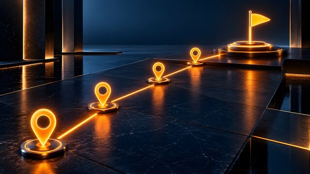 Business strategy and milestone concept glowing orange location pins mapping route to flag on podium in modern dark futuristic environment