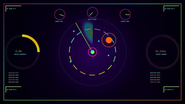 A circular anomaly detection interface displays rotating neon scanners tracking orange circular data points across a dark digital monitor screen showing shifting software patterns for observation