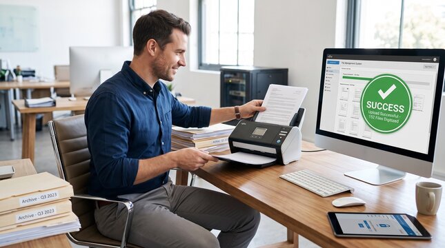 A businessman digitizing paper documents using a scanner at his desk in a modern office with complete successful digital documents computer system