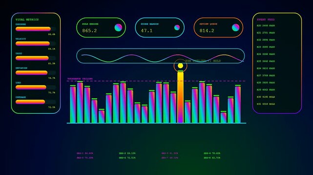 Complex anomaly detection dashboard displays multiple glowing bar charts and real time data visualizations flickering across a dark interface to monitor systemic patterns and metrics