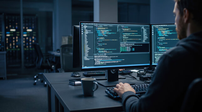 Focused programmer sits at a desk during the night while writing code on dual monitors in a modern office space surrounded by server equipment in the