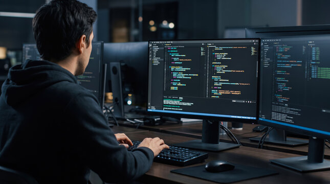 Young male software engineer sitting at a desk and typing computer code on dual screens in a dimly lit office environment while working late at night