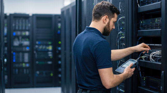Dedicated server administrator inspects and maintains network connections in a secure data center while holding a testing tool to ensure hardware