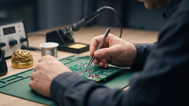 An expert uses tweezers to perform precise work on a circuit board at a workbench equipped with professional soldering and power tools for electronic