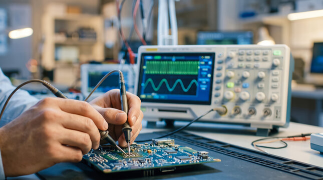 A technician uses two probes to measure motherboard signals, viewing a clear waveform on an oscilloscope in a bright, professional lab