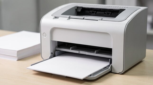 Desktop printer sitting neatly on a wooden desk with a stack of fresh white printing paper ready for daily business documentation and office correspondence tasks.