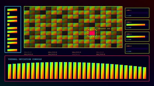 Monitoring an anomaly detection thermal map on a glowing digital interface while shifting patterns of red and yellow indicate temperature variations in a virtual server grid