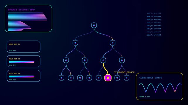 A digital anomaly detection interface presents complex tree graph analytics with pulsing nodes and shifting data lines in a glowing neon purple and cyan color scheme
