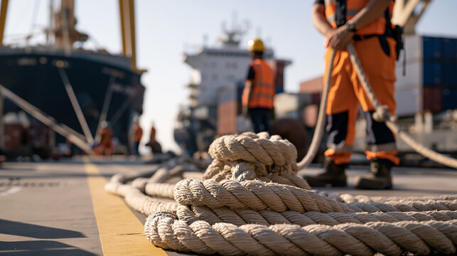 Dock Worker Standing Behind Large Rope Loops During Harbor Operations