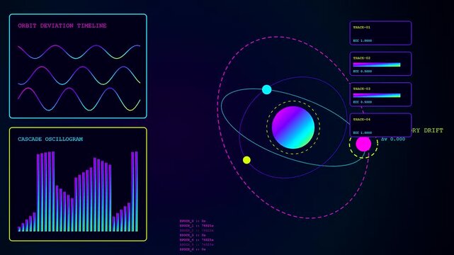 the digital anomaly detection system displays orbiting celestial bodies with glowing neon wave forms and oscillating frequency bars against a dark deep space screen