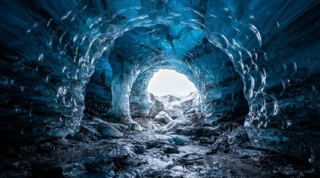 Breathtaking view from inside a blue glacier ice cave in Iceland.